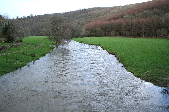 Dulverton: the Exe above Helebridge Looking north-north-east towards Barlynch Wood