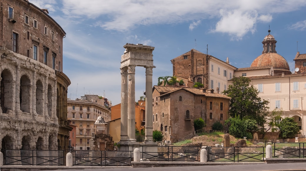 Temple of Apollo Sosianus, partial view of theater of Marcellus at left. Dome of the church Santa Maria in Campitelli. Rome, Italy.