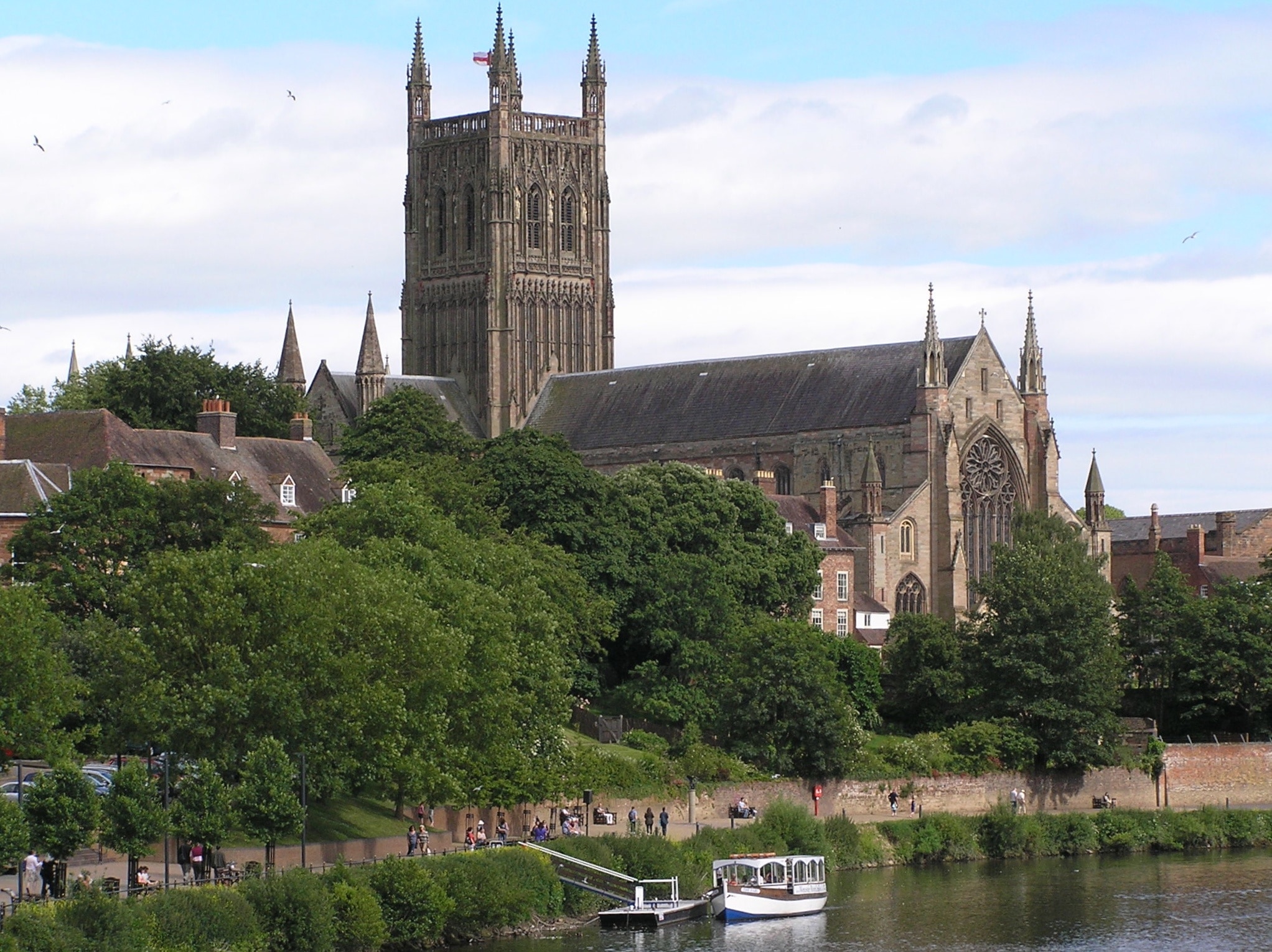 A view of the Cathedral in the City of Worcester from the town bridge across the River Severn
