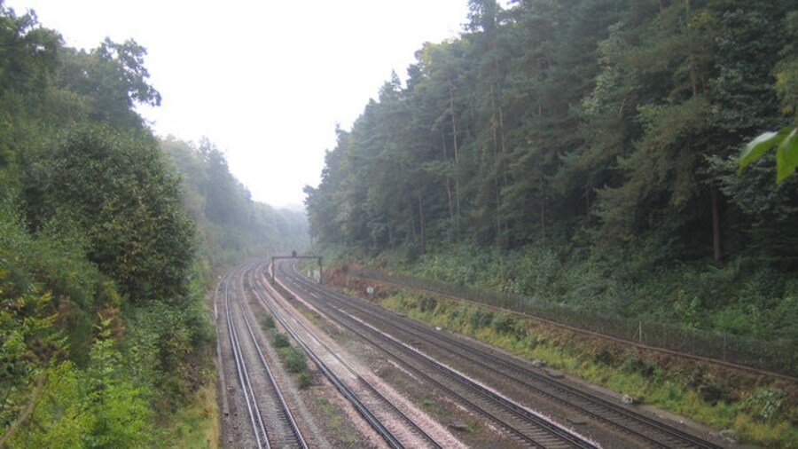 Photo "Railway line between Farnborough and Brookwood Viewed looking in the "up" direction towards London, from the aqueduct that takes the Basingstoke Canal over the railway, the main London to Southampton railway line passes through a cutting here between Farnborough and Brookwood stations." by Nigel Cox (Creative Commons Attribution-Share Alike 2.0) / Cropped from original