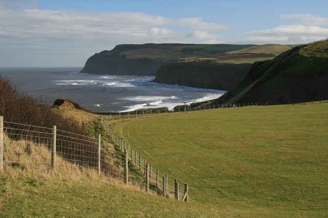 Above Cattersty Cliffs Looking down onto Skinningrove with Hummersea and Boulby Cliffs in the distance. The fields in the foreground are reclaimed industrial land. Land which was still shown as slag on the 1985 edition of the 1:25000 O.S. Map.