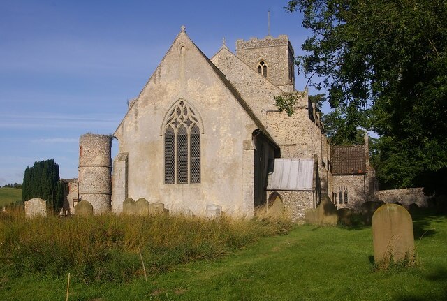 Church of St John the Baptist, Stiffkey Grade I listed church mainly dating from the late 13th/early 14th century, but with parts restored in 1848. The round tower on the left is in the grounds of the 16th century Stiffkey Hall.