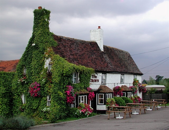 The Crown at Eaton Socon, St. Neots. The original part of the Crown Inn building on the Great North Road is said to be a coaching house dating back 300 years. It is now trapped in a triangle of busy roads formed by the A1, the A428 and a slip road linking the two.