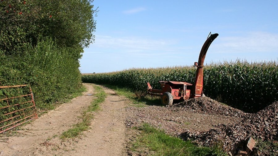 Photo "Templeton: Landfoot Moor. Track by a field of maize. Looking east-south-east. A parked forage harvester (could be a Taarup machine, but unsure)." by Martin Bodman (Creative Commons Attribution-Share Alike 2.0) / Cropped from original
