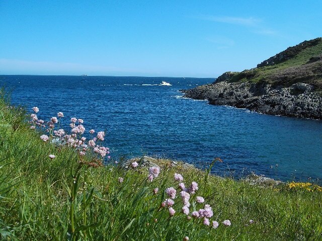 A summer day at Groudle Headland, with pleasure craft passing and the Isle of Man Steam Packet Co.'s 'ROPAX' ferry Ben My Chree in the distance, en-route to Douglas with the afternoon sailing from Heysham