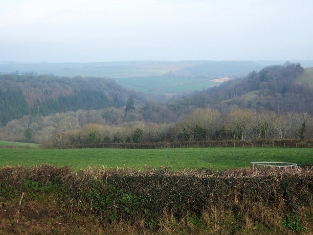 Towards the Woolleigh Brook valley from Southdown Looking north from the A3124 at Southdown. The land slopes increasingly steeply away into the Woolleigh Brook valley. On the far side, in SS5317, the wooded slopes of the valley of the Whitsleigh Down Brook join the valley; the wood to the left is Palmer's Hill Copse.