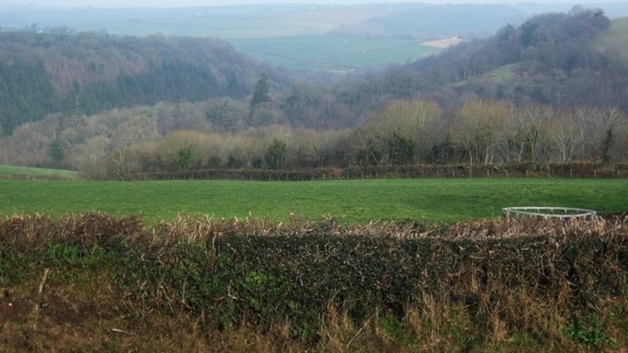 Photo "Towards the Woolleigh Brook valley from Southdown Looking north from the A3124 at Southdown. The land slopes increasingly steeply away into the Woolleigh Brook valley. On the far side, in SS5317, the wooded slopes of the valley of the Whitsleigh Down Brook join the valley; the wood to the left is Palmer's Hill Copse." by Derek Harper (Creative Commons Attribution-Share Alike 2.0) / Cropped from original