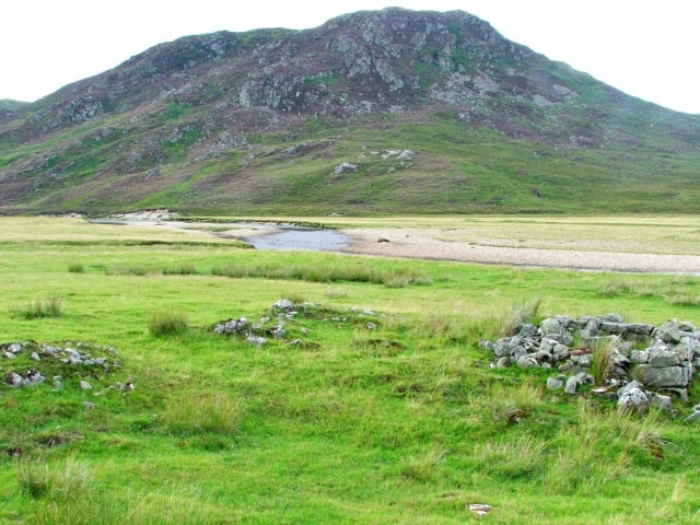 Abandoned Settlement. At the site of another abandoned settlement on the banks of the River Orrin. Creagan Aluinn is the hill in the background.