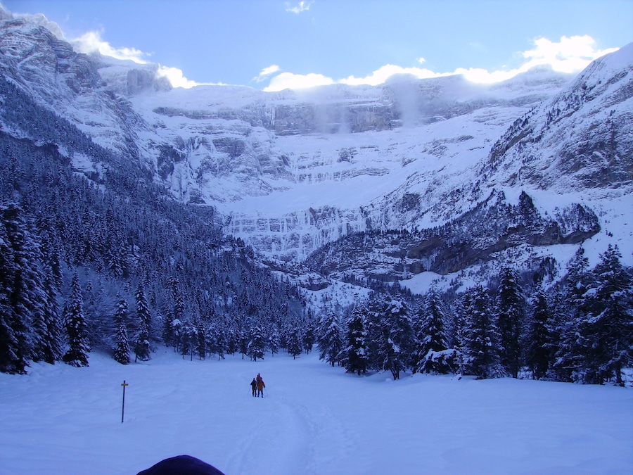 Cirque de Gavarnie gripped by frozen snow in the Pyrenees