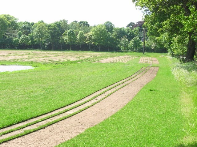 Turf growing, Luffness. Field marked by harvesting turf. With the demand from gardeners and sports clubs, especially given the vast number of golf courses in the area, this is a profitable crop.