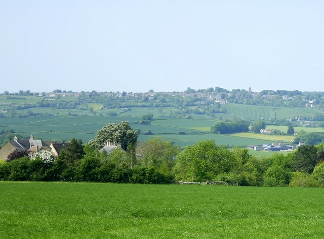 Washwell from Longsplatt. Colerne parish church can be seen on the horizon.