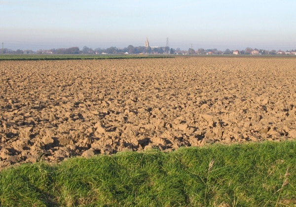 Farmland near Bicker Bar, Lincs. View N across the square from the A52 Donington Road towards Swineshead church in the distance.