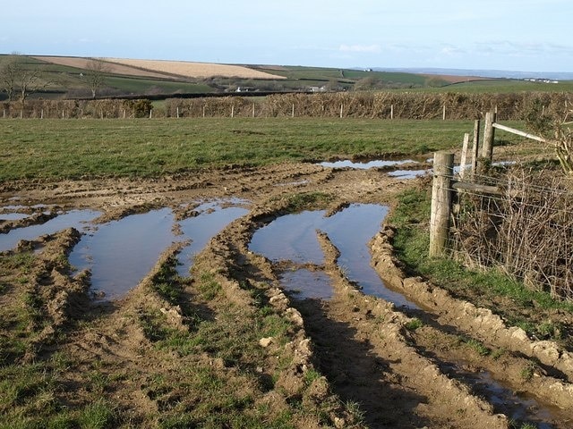 Puddles in field above Nethercott It is perhaps not surprising that this is a damp spot, as the detailed map shows a watercourse commencing at this point. Nevertheless, Parkham Footpath 26 follows the edge of the field around this corner, and then to the left, where it begins to descend in the valley of the River Yeo, seen in the background.