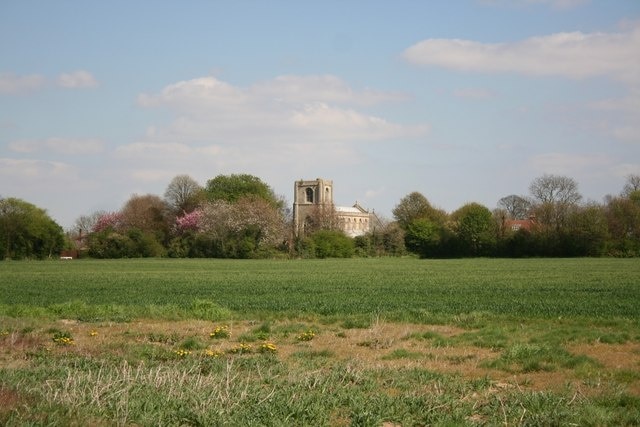 View northeast from Hall Lane, Benington, Lincolnshire, across a field to the disused parish church of All Saints