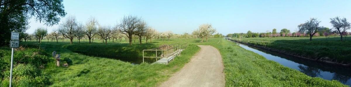 Photo "Der "Alte Bach" und Obstwiesen am Pfinzentlastungskanal" by Harald Kucharek on geo.hlipp.de (Creative Commons Attribution-Share Alike 2.0) / Cropped from original