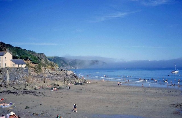 Beach at Gorran Haven Looking north-east across the beach to mist clearing off Pabyer Point in the distance.