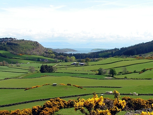 Whitehill Farm This is taken looking down the vale from the hill fort at Kerbers. Whitehill Farm is dead centre, Potterland Hill on the left and the skirts of Screel on the right. The tip of Almorness Peninsula (left) and part of Hestan Island (right) are visible in the Solway Firth.