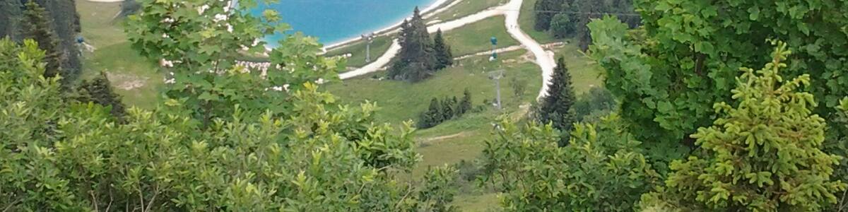 Photo "Blick vom Brauneckgipfelhaus zum östlich gelegenen Speichersee" by Geogast (Creative Commons Attribution 3.0) / Cropped from original