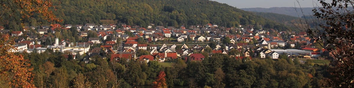 Photo "Röllfeld, aufgenommen vom Trennfurter Berg, das Bild zeigt das den nördlichen Teil der Ortschaft um den Sportplatz" by K1008 (page does not exist) (Creative Commons Attribution-Share Alike 4.0) / Cropped from original