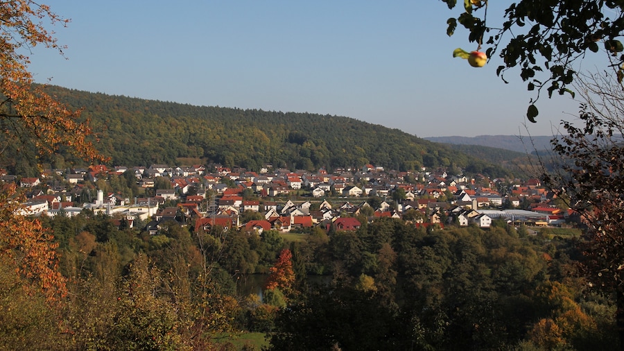 Photo "Röllfeld, aufgenommen vom Trennfurter Berg, das Bild zeigt das den nördlichen Teil der Ortschaft um den Sportplatz" by K1008 (page does not exist) (Creative Commons Attribution-Share Alike 4.0) / Cropped from original