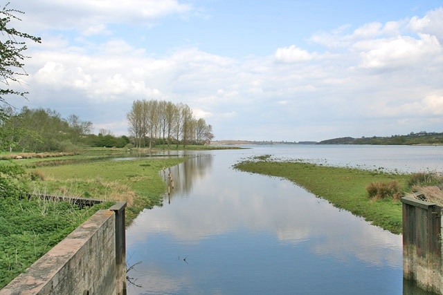 Rutland Water. This is where the River Gwash, whose valley was flooded to form the reservoir between 1974 and 1978, feeds Rutland Water. Taken from the A6003, Uppingham Road, bridge.