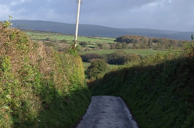 Lane to Lower Venton. From 619935, looking down the lane on the left. The wood on the right is Hook's Brake, in SX5957, and the main Plymouth-Ivybridge railway line runs in front of it.