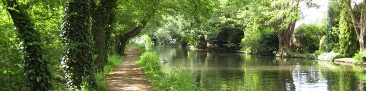 Photo "River Wey Navigation near Byfleet The shallowness of the sides of the canal here is demonstrated by the heron standing in the water on the left side." by Nigel Cox (Creative Commons Attribution-Share Alike 2.0) / Cropped from original