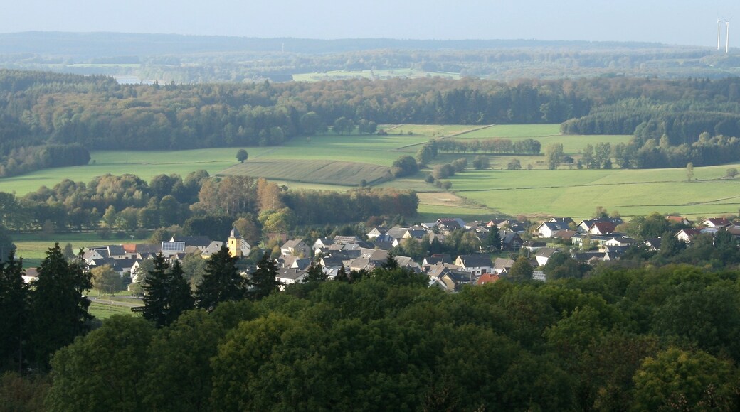 View over Wölferlingen village in Westerwald, Rhineland-Palatinate, Germany. Seen from the Helleberg mountain