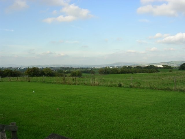 Fields at Langley. Looking northwest across the fields from Langley Lane, Middleton. Open land to the north of the built-up area. SD86270756.