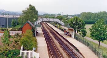 Cwmbran station. View northward, towards Pontypool Road, Abergavenny, Hereford etc.: ex-GWR Newport - Hereford - Shrewsbury main line. This is a new station, opened 12/5/86, on the main line, replacing earlier Cwmbran station on the Blaenavon branch closed 30/4/62.