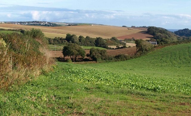 Country south of Malborough A shallow valley that soon deepens and leads down to the sea at South Sands. The buildings on the right are at Portlemore Barton. Seen from White Cross.