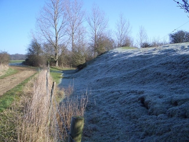 Lavendon Castle Earthworks - IV A frosty view of the impressive inner bailey earthworks behind Castle Farm looking northeastwards. Records show that Lavendon Castle existed at least as early as 1232.