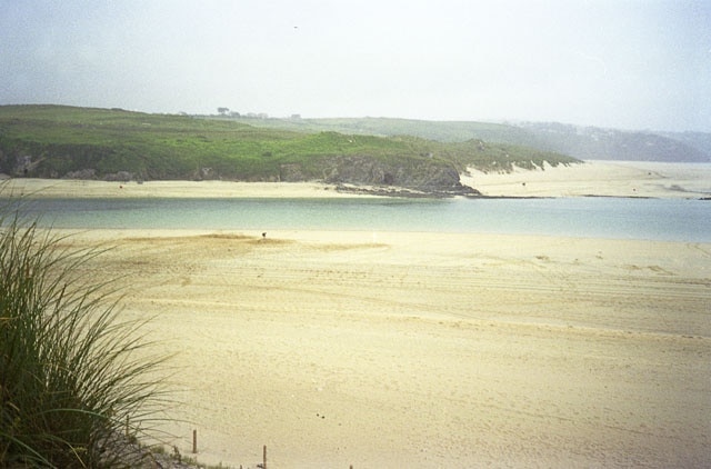 Mouth of the River Hayle. Taken from the elevated dunes to the east of Hayle Towans, it looks across the estuary to Porth Kidney Sands.