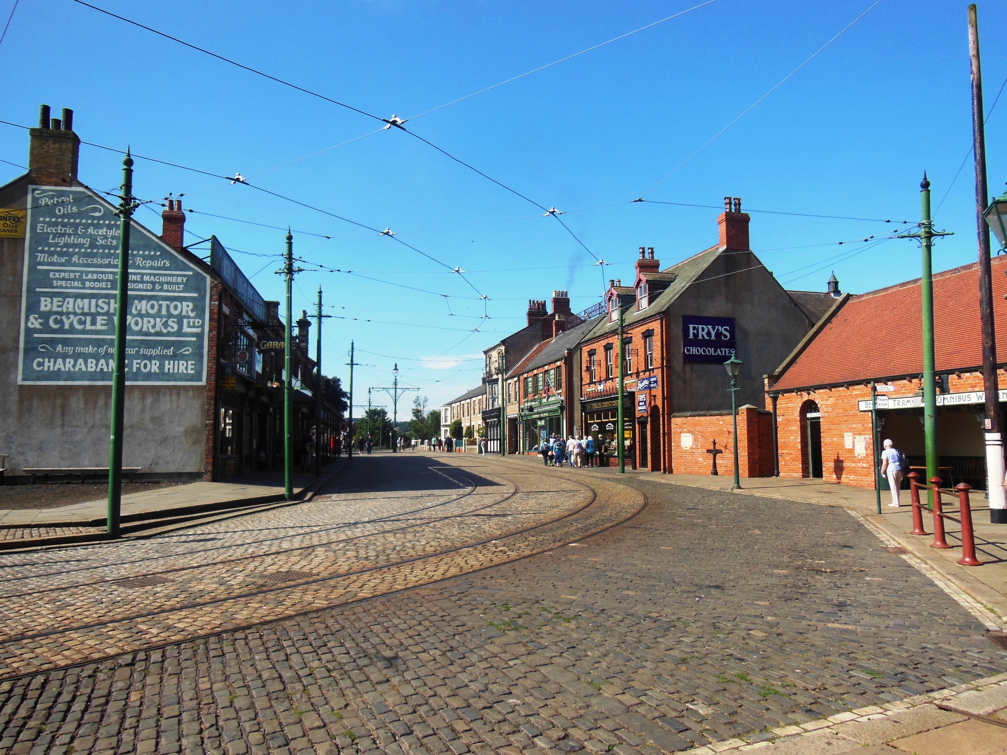 Beamish Museum, County Durham, England. This is the view west down the main street in Town, from its east end where the tramway curves to follow the street south.