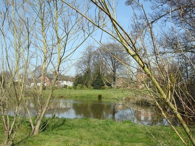 Pond at Pickmere Pond at corner of Park Lane and Frog Lane, Pickmere. Wallhill Farm in right background.