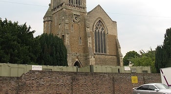 Spire of St Mark's church, Surbiton. The western end of the church shown in 1077824. St Mark's was originally built in 1845, but suffered bomb damage in 1940, was rebuilt and re-consecrated on 30 September 1960. http://www.southwark.anglican.org/parishes/270bm2