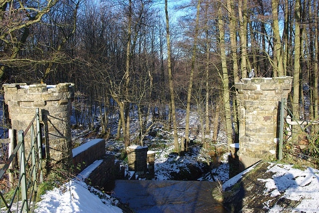 Spillway, Douster Pond Decorated with eight turrets, two behind the viewpoint. There is a wood pigeon on the right turret and a robin on the left, both looking hopeful in the bleak weather.