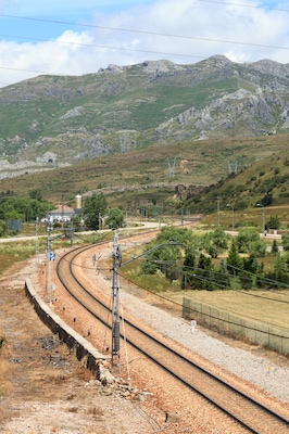 Train tracks in Villamanín de la Tercia, León, Spain.