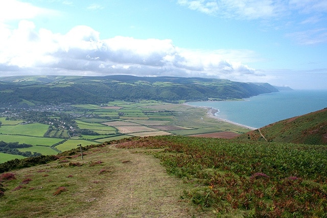 Selworthy: towards Porlock and Exmoor With Porlock Bay, right. The signpost indicates a bridleway to Lynch