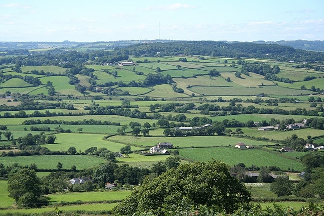 Musbury: the Axe valley Towards Shute Hill. On the skyline, just visible, is the Stockland communications mast. On the far side of the valley, in mid distance, is the embankment of the Salisbury-Exeter railway at the start of the gradient where the line climbs up the Umborne valley to Honiton. Seen from a point north of the iron age hillfort, Musbury Castle, accessible by public footpath