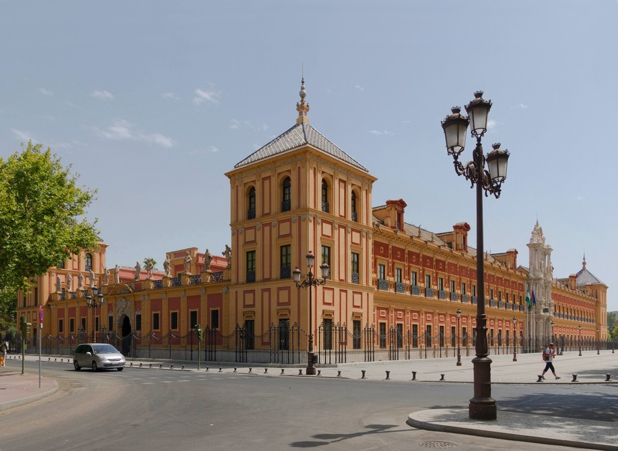 The Palace of San Telmo, seat of the presidency of the Andalusian Autonomous Government. Right, the main facade, left, the gallery of Illustrious Sevillans. Seville, Spain.