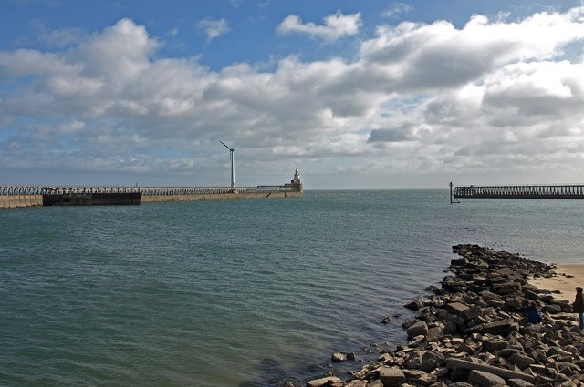 Blyth Harbour Piers guarding the harbour entrance.