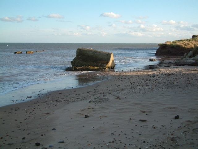 Auburn Beach, north east of Fraisthorpe, East Riding of Yorkshire, England. And coastal defence remains.