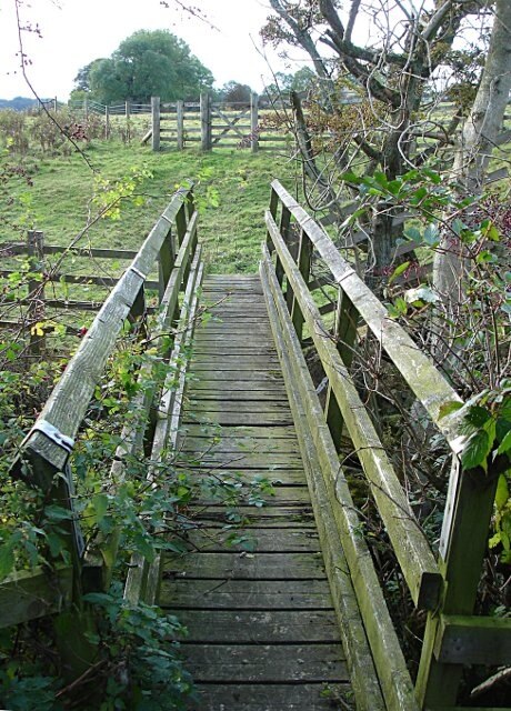 Footbridge below Low Field Walking the footpath on the north side of the River Greta from east to west, one crosses a stile and is suddenly confronted with a surprise scene, as the small reentrant beck on the other side of the wall has cut a little gorge which was invisible from the approach. A jig to the right reaches this little footbridge leading to the continuation of the footpath to Bowes.