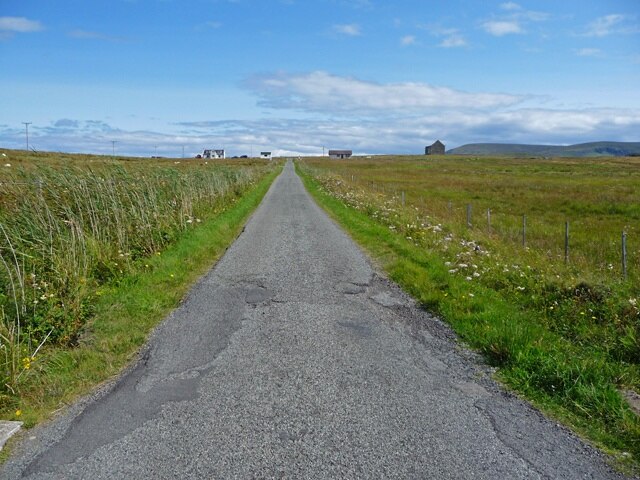 The road from Camas Mor The view inland from the crossroads in Bornesketaig.