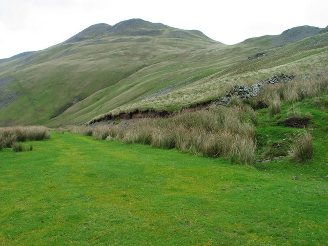 Arenig Fawr The twin peaks of Arenig Fawr and part of the southern ridge seen from the far end of the old track that passes Amnodd Wen. This inviting greensward gives way to some very boggy stretches lower down.