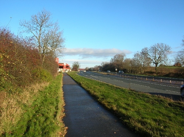 A64 at Bilbrough Top The Total petrol station, Little Chef and motel can just be seen ahead.