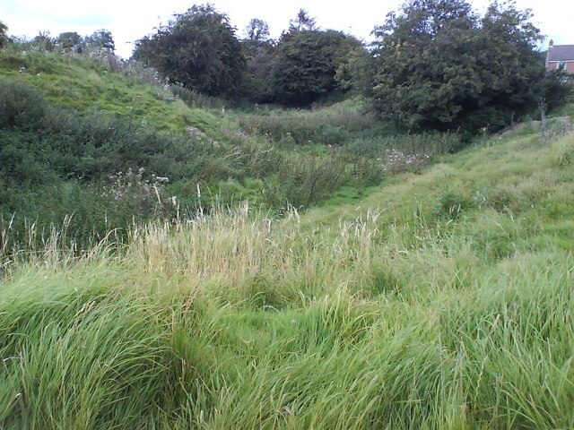 The Moat Surrounding Kirkby Fleetham motte, now somewhat overgrown and refilled, there is still evidence that the moat was stone-lined.