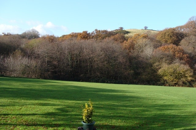 Looking towards woodland and a summit The plant pot suggests the green area is used as private garden - it doesn't enhance the picture but it does tell the story!