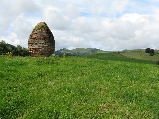 Landscape with egg - Stone Curlew or Roc? No, a Millennium Cairn near Penpont, by Andy Goldsworthy.